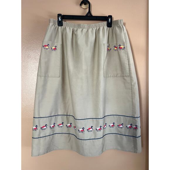 Handmade Dresses & Skirts - Vintage 80s Khaki Duck Embroidered Novelty Midi Skirt Elastic Waist 26-28"
